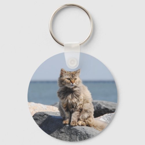 Windswept Cat by the Sea Cute Photo Keychain