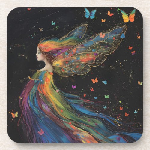Windswept Fairy Woman Rainbow on Black Art   Beverage Coaster