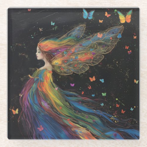 Windswept Fairy Woman Rainbow on Black Art   Glass Coaster
