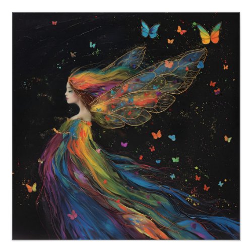 Windswept Fairy Woman Rainbow on Black Art Glossy Poster