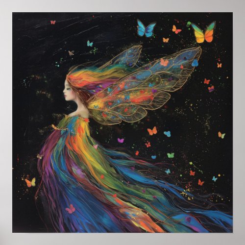 Windswept Fairy Woman Rainbow on Black Art Matte  Poster
