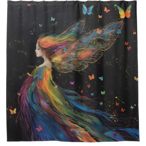 Windswept Fairy Woman Rainbow on Black Art Shower Curtain