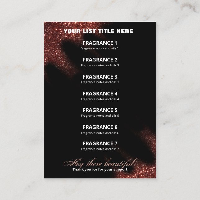 Windswept Glitter Red And Black Fragrance List Business Card (Back)