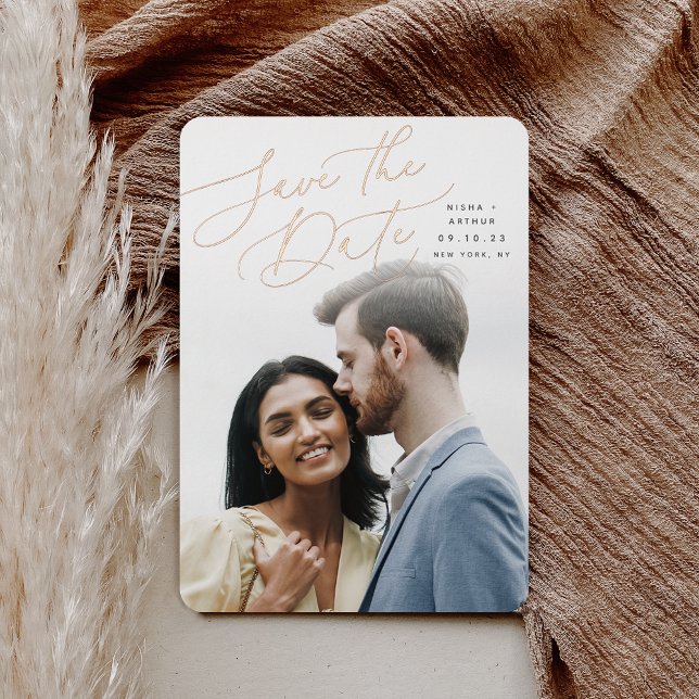 Windswept Script | Vertical Photo Save The Date Foil Invitation (Creator Uploaded)