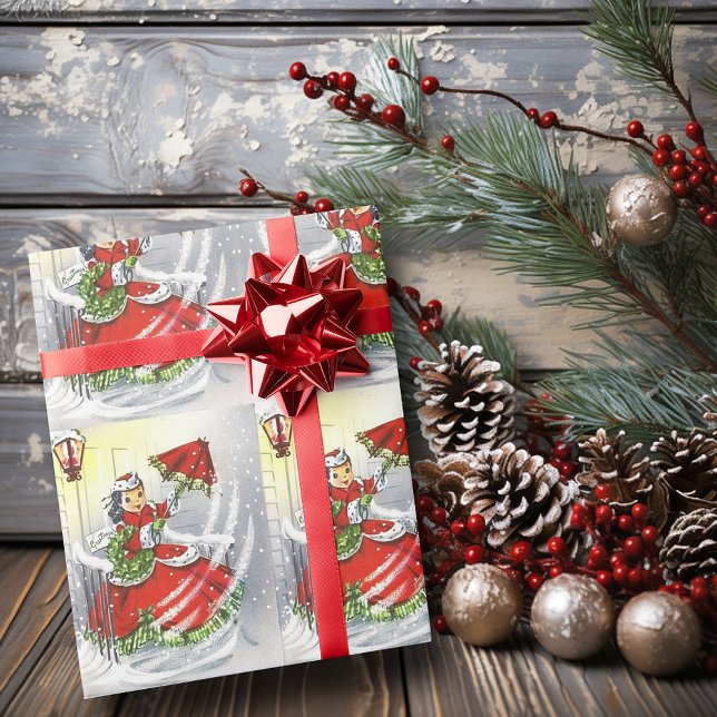 Windy Christmas Day Girls Red Dress and Umbrella  Wrapping Paper (Creator Uploaded)