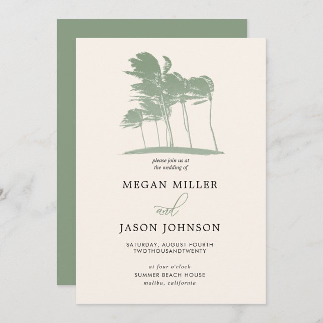 Windy Palm Trees, Sage Green Destination Wedding Invitation (Front/Back)