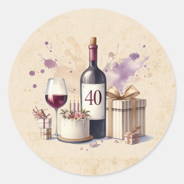 Wine 40th Birthday Classic Round Sticker (Front)