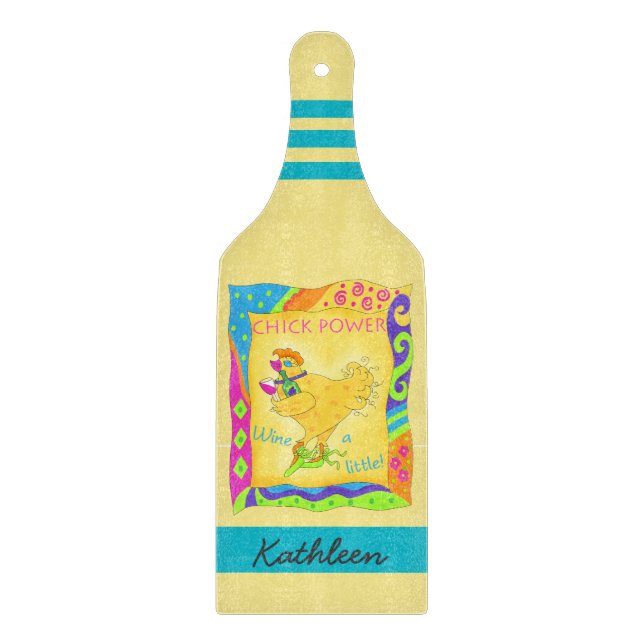 Wine a Little Chick Power Name Personalized Yellow Cutting Board (Front)