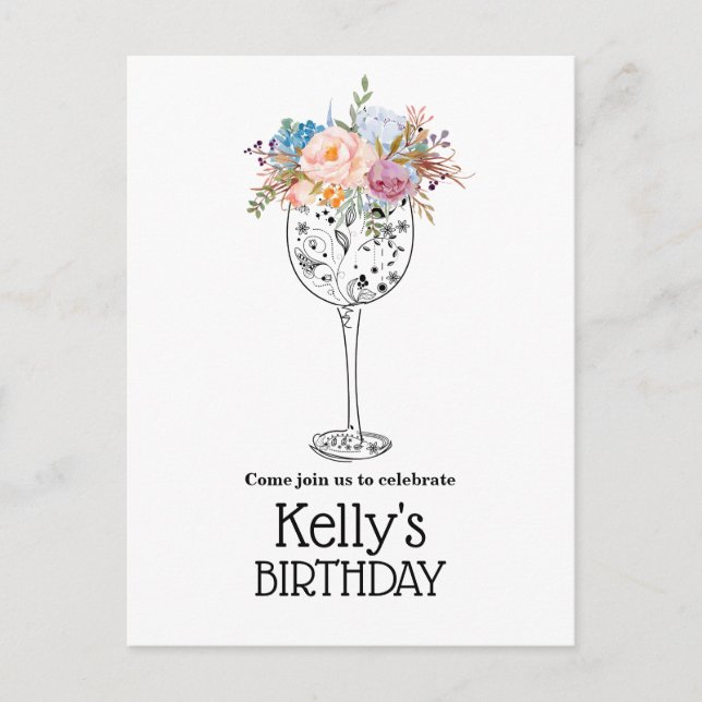 wine, adult birthday, invitation postcard (Front)