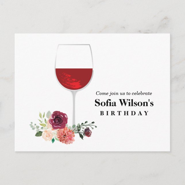 wine, adult birthday, wedding, floral invitation p (Front)
