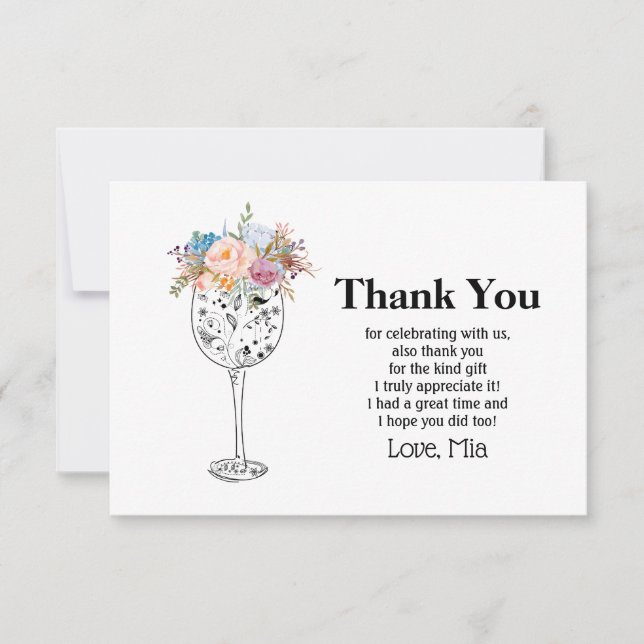 wine, adult birthday, wedding, floral thank you card (Front)
