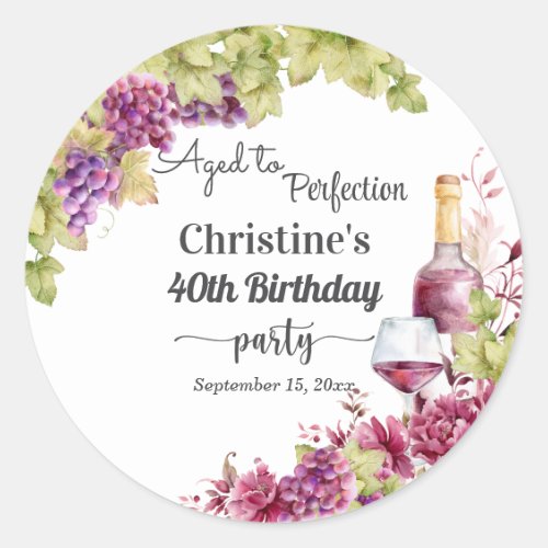 Wine Aged to Perfection 40th Birthday Party Classic Round Sticker