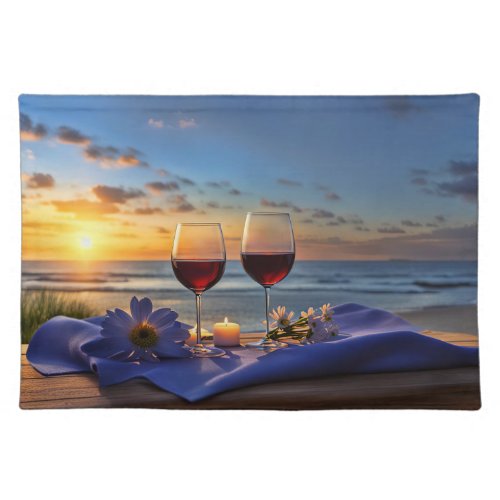 Wine and Beach Sunset Flowers Ocean Cloth Placemat