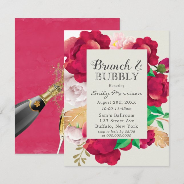 Wine and Blush Pink Peony Brunch & Bubbly  Invitation (Front/Back)
