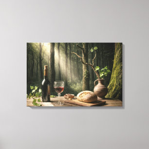 Wine and Bread Loaf On a Forest Table Canvas Print