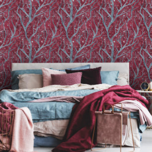 Wine and Cadet Gray Tree Branches Pattern  Wallpaper