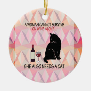 Wine and Cat Ceramic Ornament
