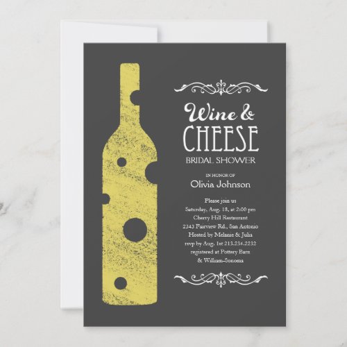 Wine and Cheese Bridal Shower Invitations - Wine and cheese bridal shower invitations with a stylish slate design featuring a Swiss cheese wine bottle.