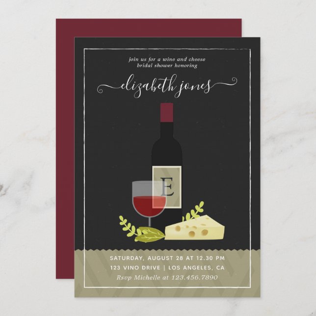 Wine and Cheese Bridal Shower Monogram Invitation (Front/Back)