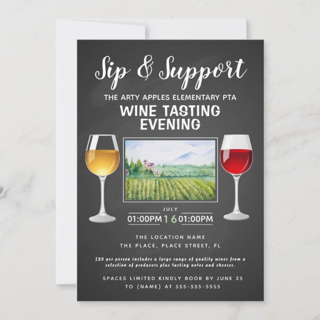 wine and cheese fundraiser event sip and support invitation (Front)
