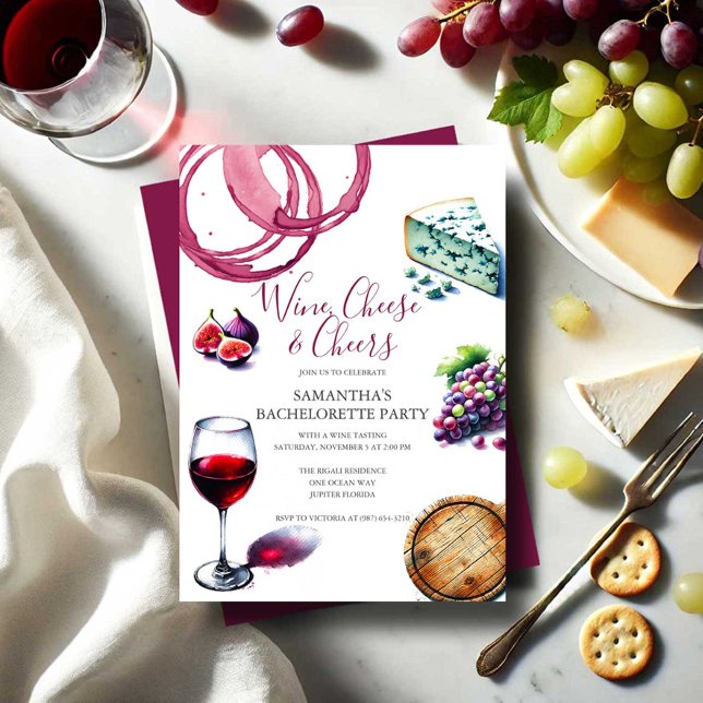 Wine and Cheese Illustration Bachelorette Party Invitation (Bachelorette party themes low key ideas wine and cheese tasting party by Do Tell A Belle)