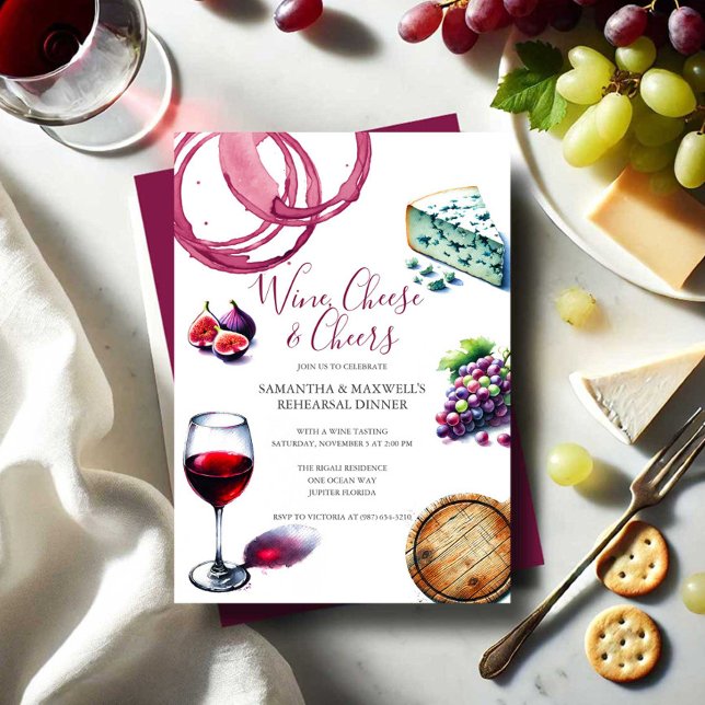 Wine and Cheese Illustration Rehearsal Dinner Invitation (Rehearsal dinner invitations with watercolor wine and cheese charcuterie theme.)