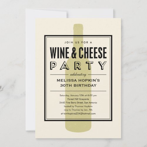 Wine and Cheese Invitations - Wine and cheese invitations with a modern yet classic wine bottle design. Change the custom wording to fit your party needs.
