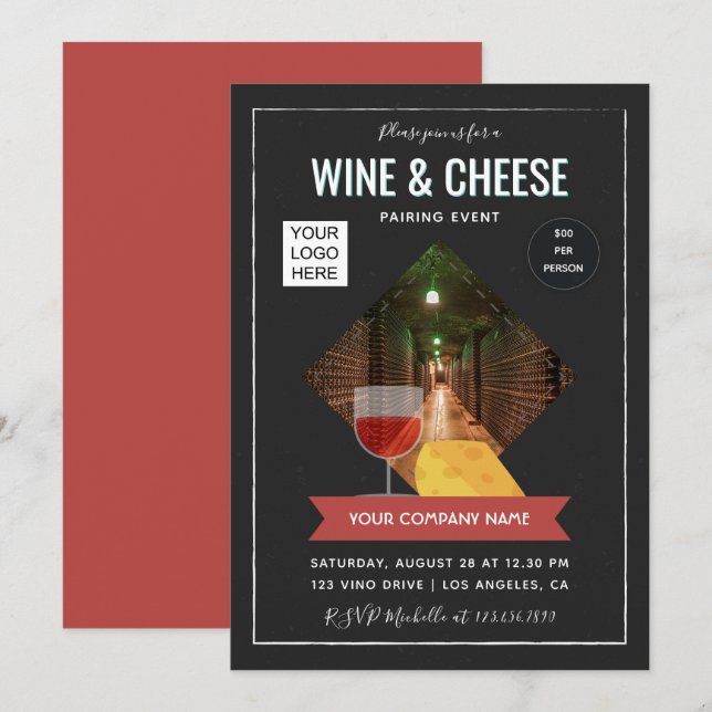 Wine And Cheese Pairing Event add photo and logo Invitation (Front/Back)