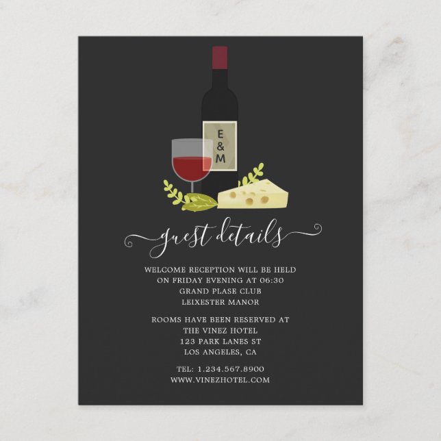 Wine and Cheese Reception Monogram Guest Details Enclosure Card (Front)