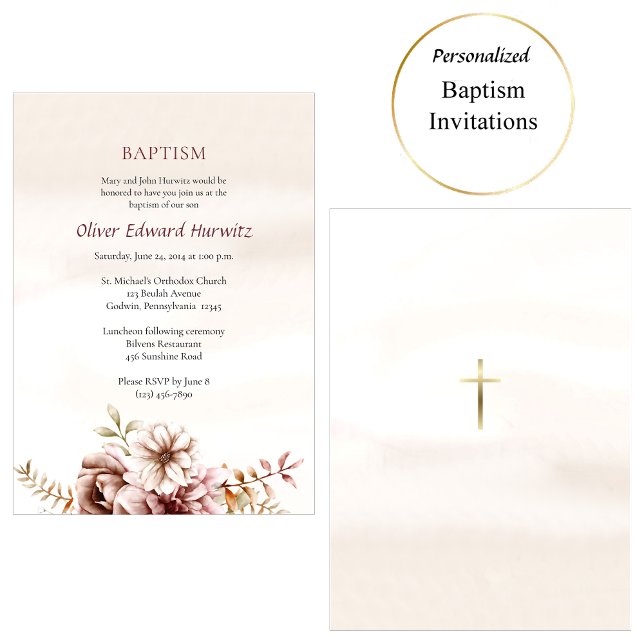 Wine and Cream Boho Flowers Orthodox Baptism       Invitation (Creator Uploaded)