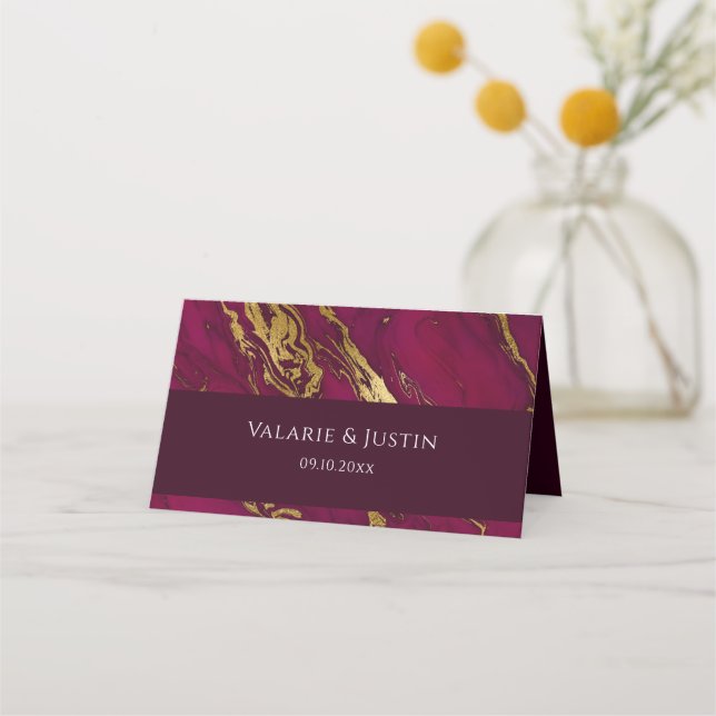 Wine and Gold Marble Wedding Place Card (Front)