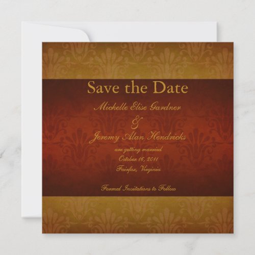 Wine and Gold Vintage Damask Save the Date Card Announcement