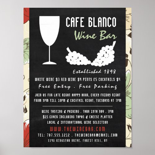 Wine And Grapes Floral Chalkboard Wine BarWinery Poster