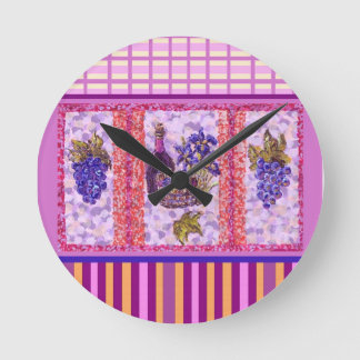 Wine And Grapes With Plaid And Stripes Wall Clock