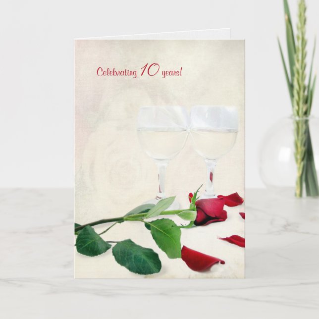 wine and red rose for 10th anniversary card (Front)