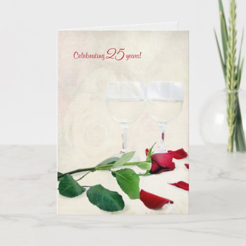 wine and red rose for 25th anniversary card