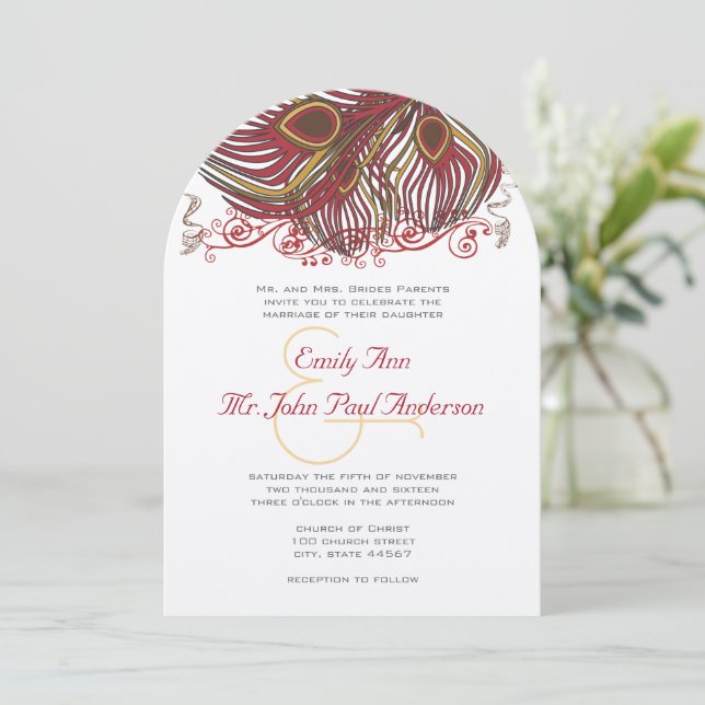 Wine and Russet Peacock Vintage Feathers Invitation (Standing Front)