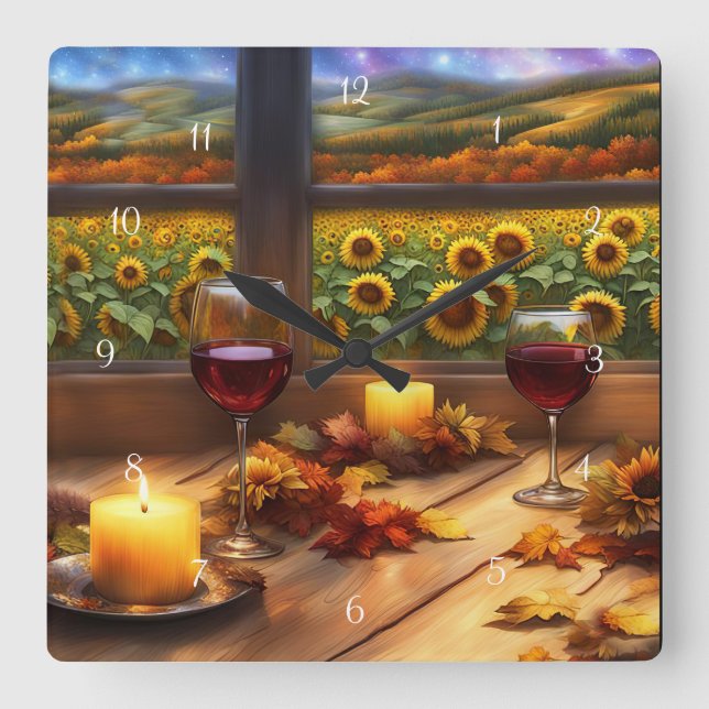 Wine and Sunflowers Whimsical and Pretty Square Wall Clock (Front)