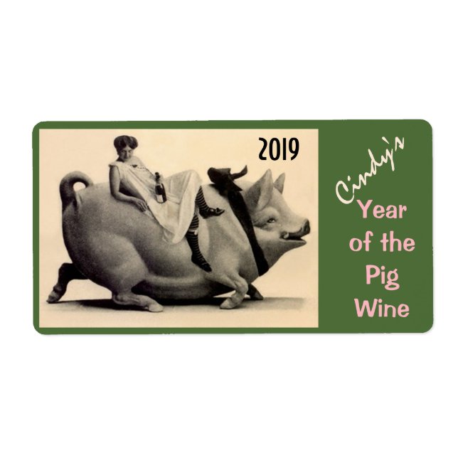 Wine Antique Fun Lady & Pig Labels Personalize (Front)