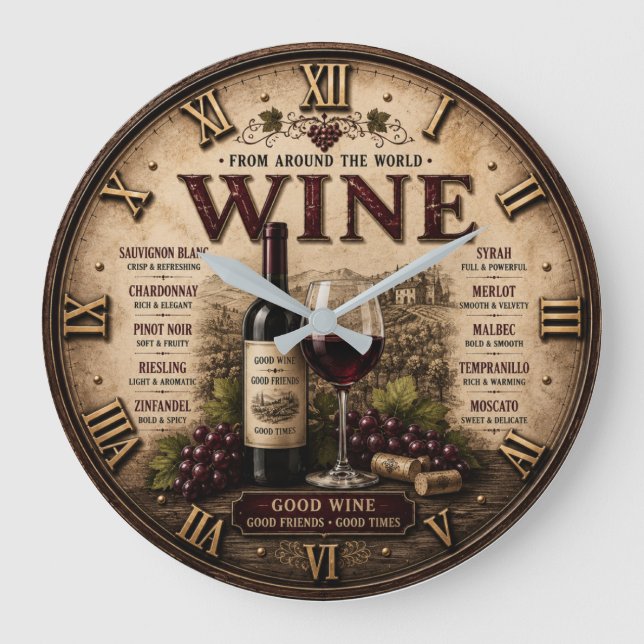 Wine Around the World Rustic Vineyard Large Clock (Front)