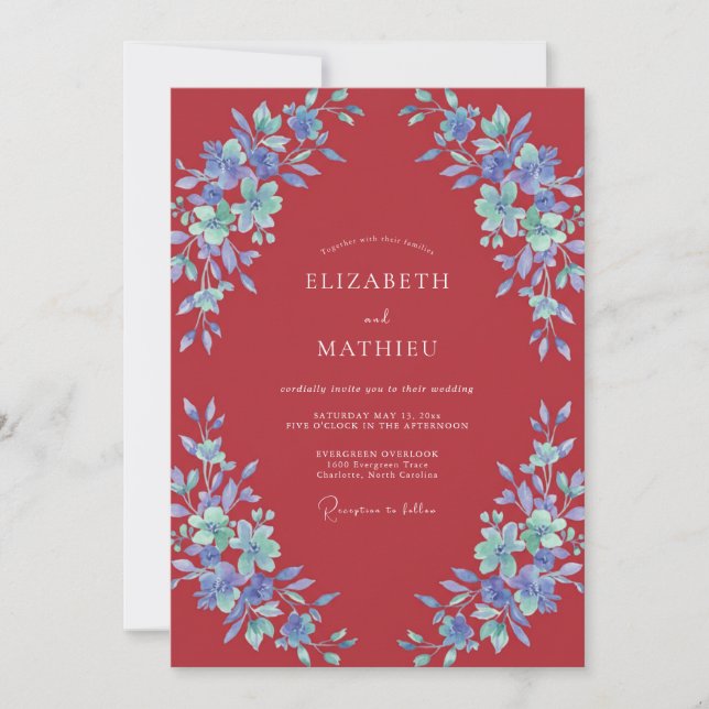 Wine Azure Petal Wedding Invitation (Front)