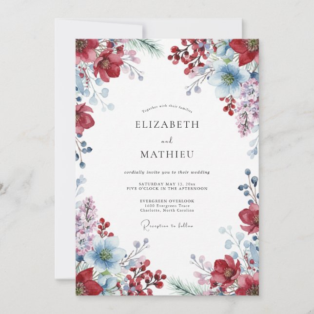 Wine Azure Wildflower Wedding Invitation (Front)