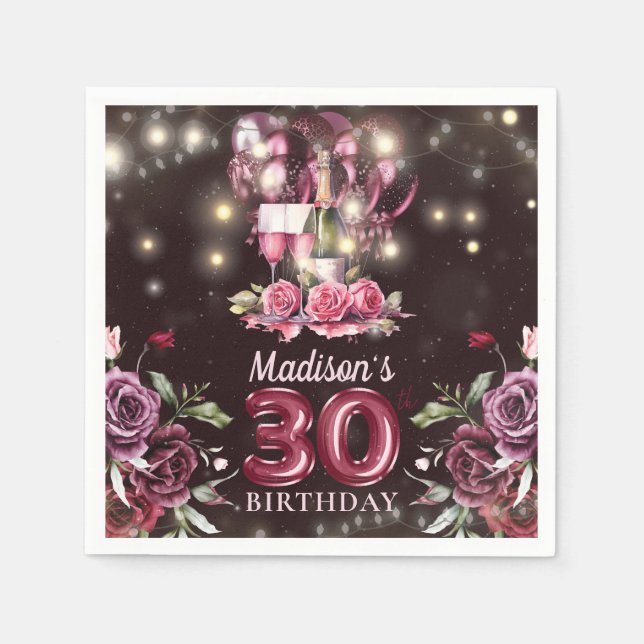 Wine & Balloons 30th Birthday Personalized Napkins (Front)