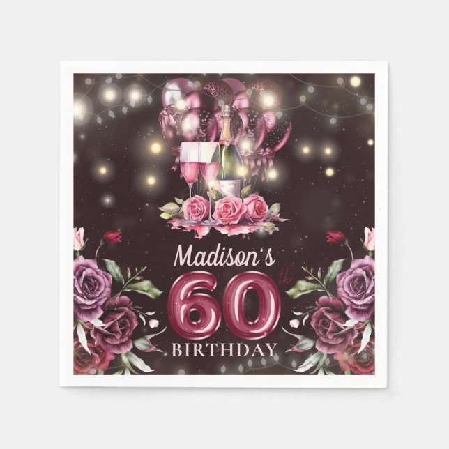 Wine & Balloons 60th Birthday Personalized Napkins (Front)