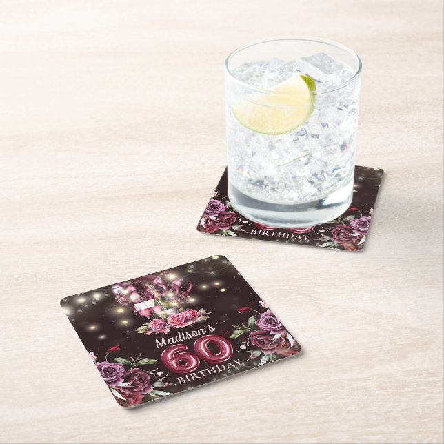 Wine & Balloons 60th Birthday Personalized Square Paper Coaster (Insitu)