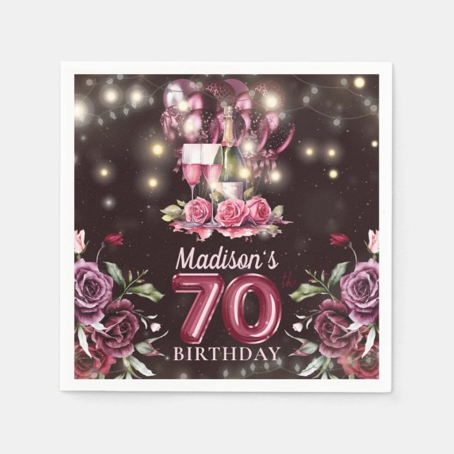 Wine & Balloons 70th Birthday Personalized Napkins (Front)