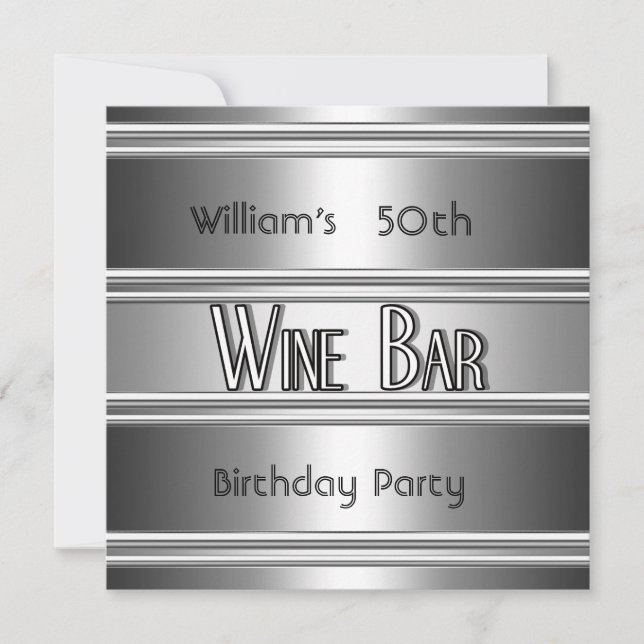 Wine Bar  metal Silver Black 50th Birthday Mens Invitation (Front)