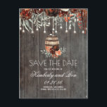 Wine Barrel and Burgundy Rustic Save the Date Announcement Postcard<br><div class="desc">Burgundy flowers,  string lights,  barn wood,  old oak barrel winery wedding save the date postcards</div>