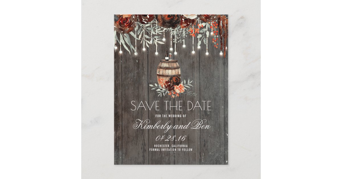 Wine Barrel and Burgundy Rustic Save the Date Announcement Postcard | Zazzle.com