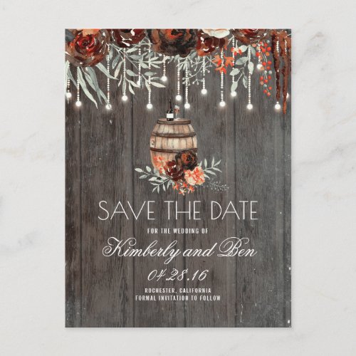 Wine Barrel and Burgundy Rustic Save the Date Announcement Postcard